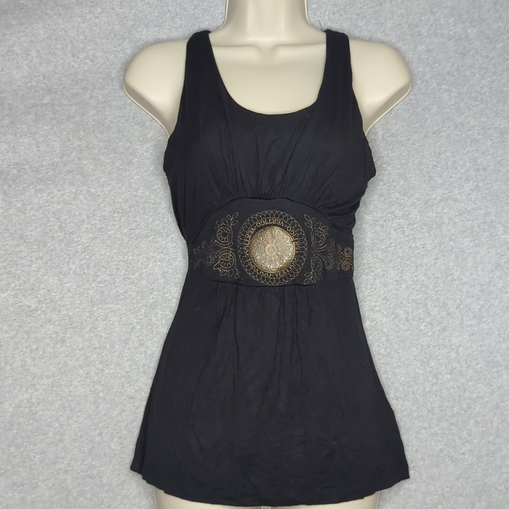 Y2K Vertigo Paris Black Sleeveless Tank Top with Embellished Waist - M 90s